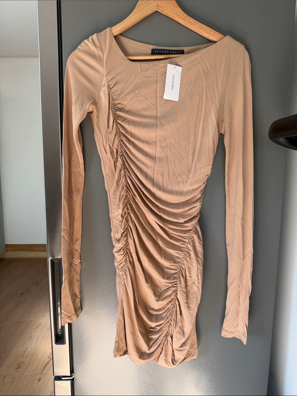 Zeynep Arcay Asymmetrical Neckline Mini Ruched Jersey Dress in Beige Size 2 NWT